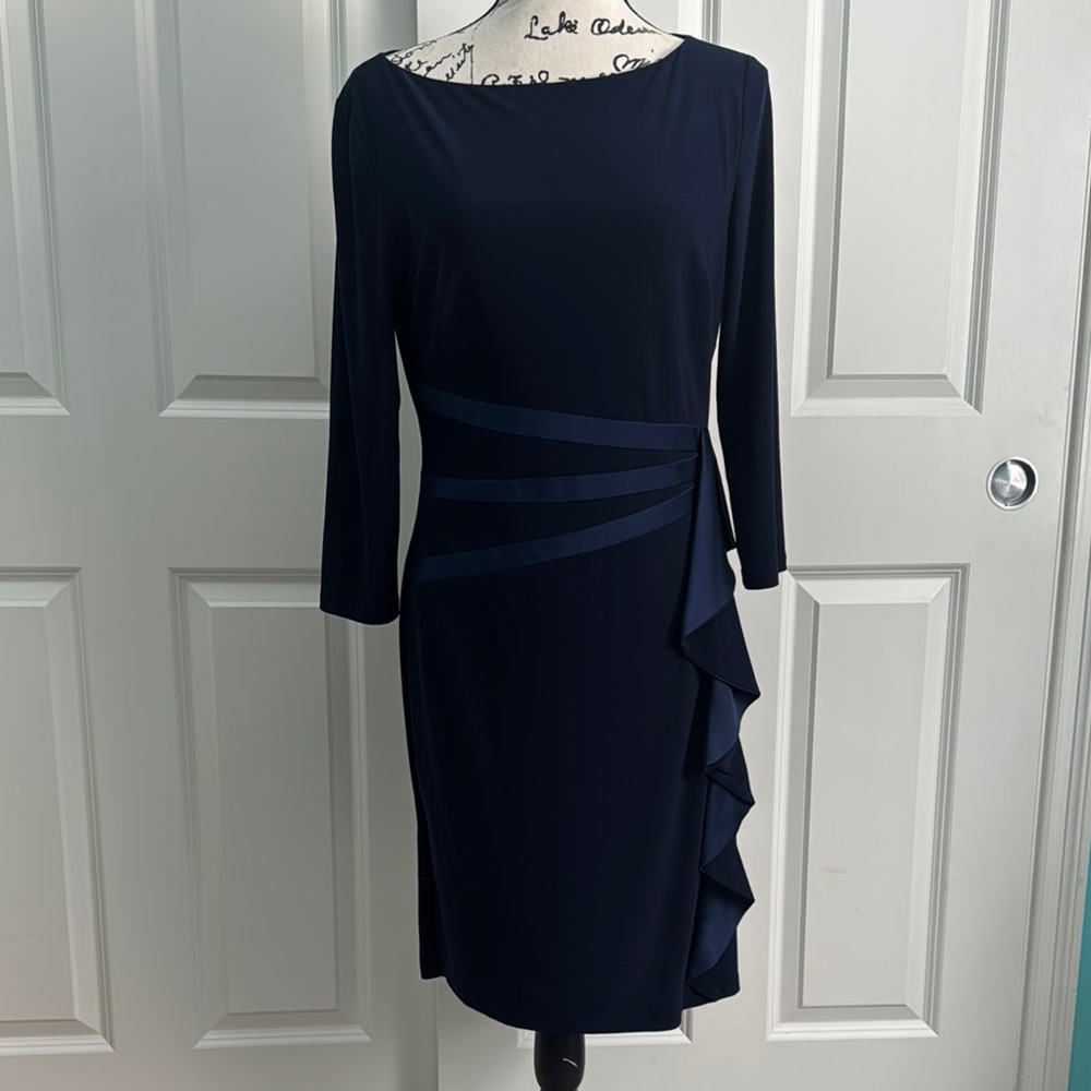 Chaps Blue Ruched Sheath Midi Dress for Cocktail